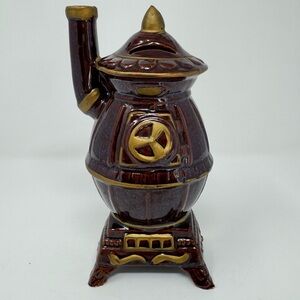 Vintage Sonsco Japan Brown Wood Stove Ceramic Coin Bank Wall Hanger Mid-Century